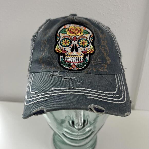 Y2k Distressed Denim Skull Graphic Cap Kbethos Embroidered Trendy Vintage Style - Picture 1 of 6